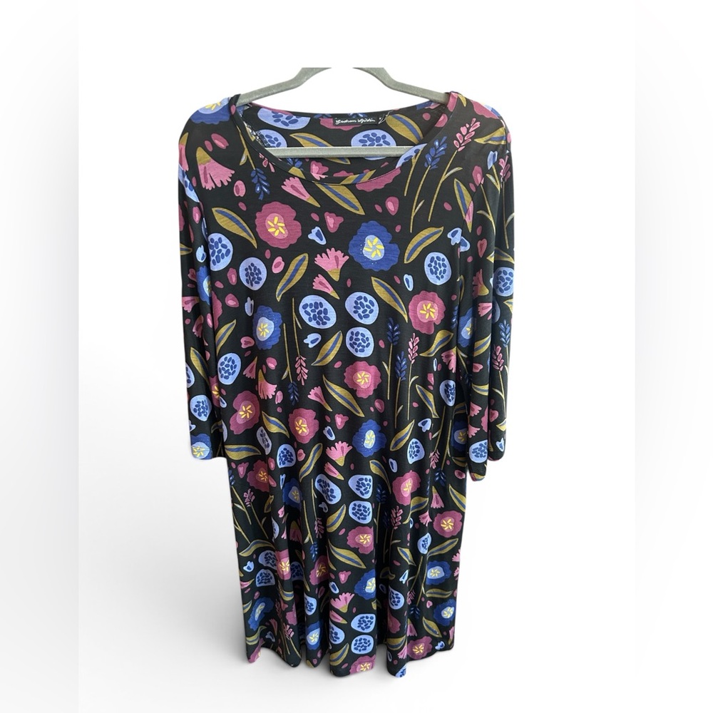 Gudrun Sjoden Black Floral Midi Dress with Pink and Blue Blooms